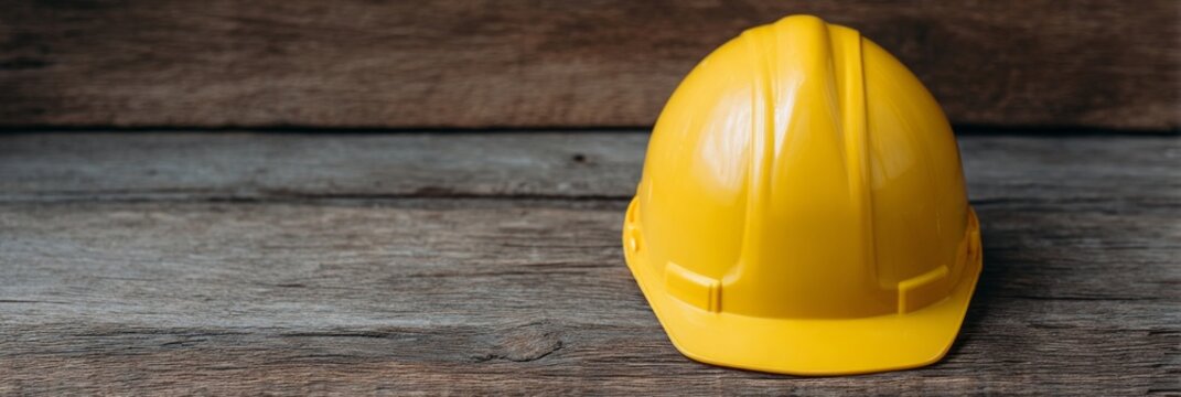 Yellow hard hat rests on rustic wood, symbolizing Labor Day's unity and the quirky architecture of construction metaphors - Powered by Adobe