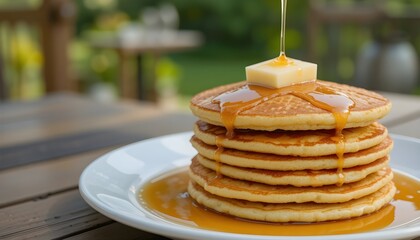 Buttery Pancakes Stack with Syrup on Wooden Table Outdoors
