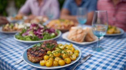 A sunlit Mediterranean feast with golden-bottled tomatoes and grilled patties, perfect for Ferragosto or Bastille Day celebrations