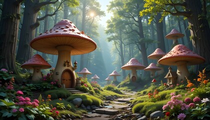 Enchanted Mushroom Houses in a Sunlit Forest
