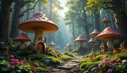 Fotobehang Betoverde Bos Enchanted Mushroom Houses in a Sunlit Forest   © Abbas