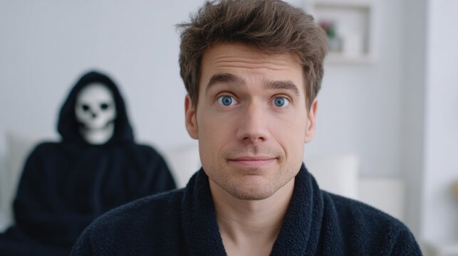 A bemused Caucasian man contemplates life's peculiarity as a hooded specter looms, echoing Dia de los Muertos' spectral whimsy