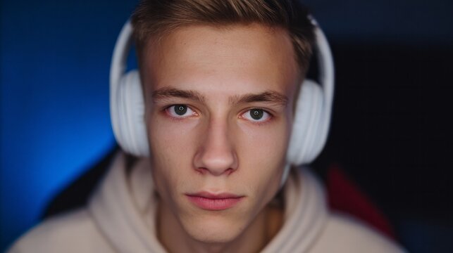 Focused young man wearing headphones, immersed in digital soundscape, capturing the essence of World Audio Day, tech serenity