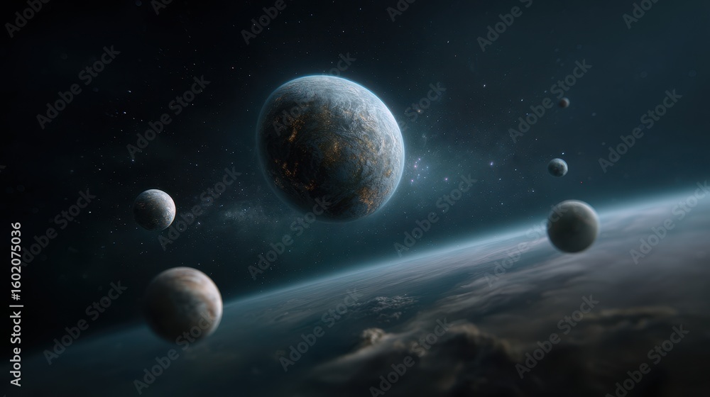Poster expansive universe with planets around central display concept