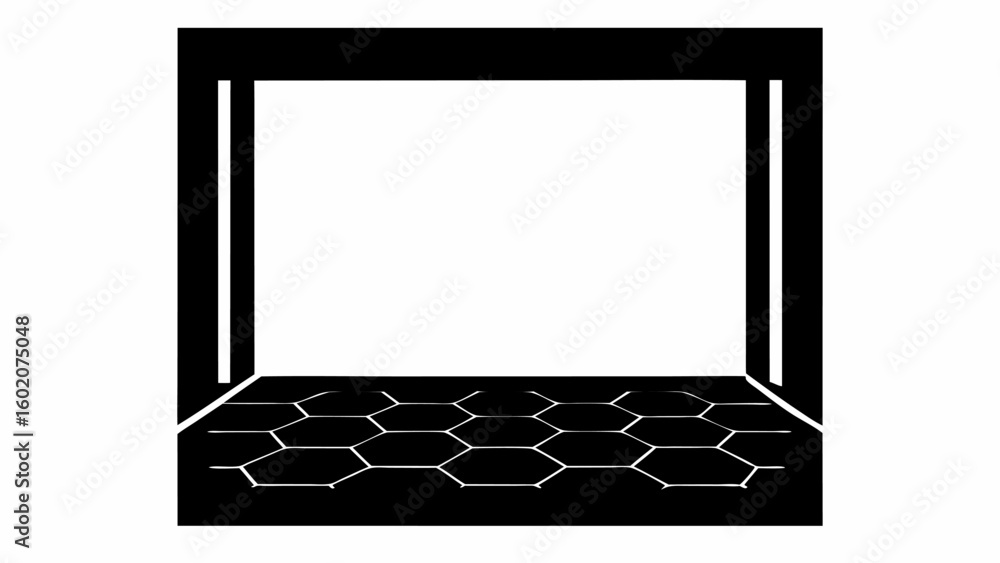 Poster black and white illustration of a room with a hexagonal pattern on the floor and an open frame view