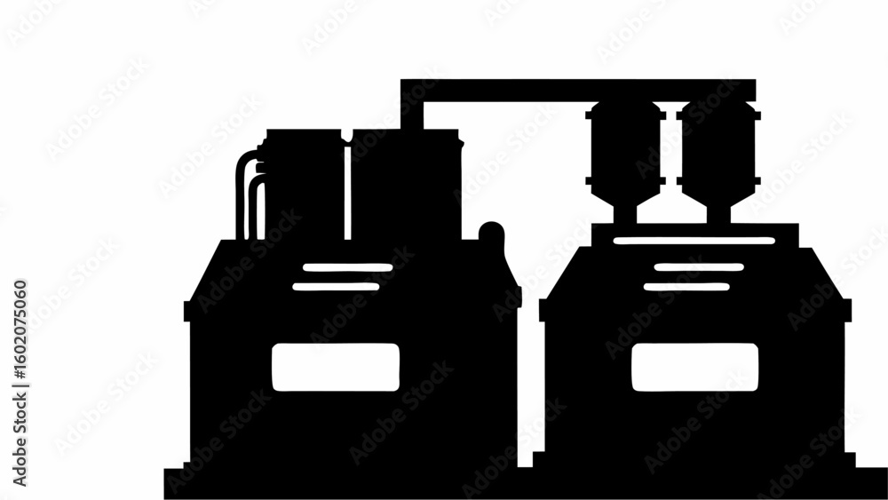 Poster silhouette of two industrial machines connected by pipes and structures in a black and white vector 