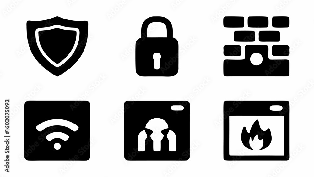 Poster collection of security icons including shield padlock firewall wifi router and fire icons shown in b