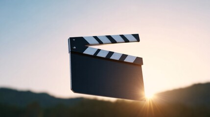 Floating film clapperboard under golden sunrise, cinematic symphony, World Cinema Day, surreal storytelling skies, evocative dawn melodies