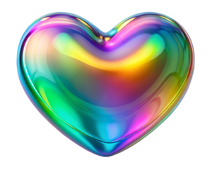 A shiny iridescent holographic heart shape with rainbow colors and reflections isolated on a transparent background