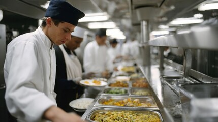 A diverse culinary brigade, featuring an Asian male chef, orchestrates harmonious chaos for Diwali festivity and World Oceans Day