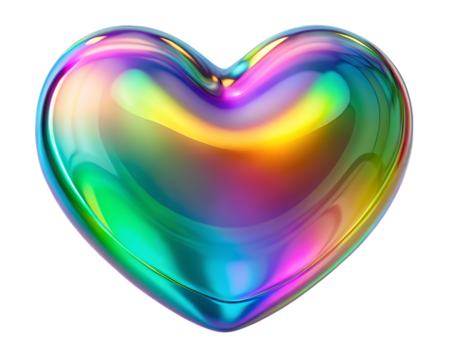 A shiny iridescent holographic heart shape with rainbow colors and reflections isolated on a transparent background