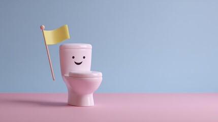 Smiling toy toilet with cheerful yellow flag, whimsical bathroom design, International Fun at Work Day, quirky home decor