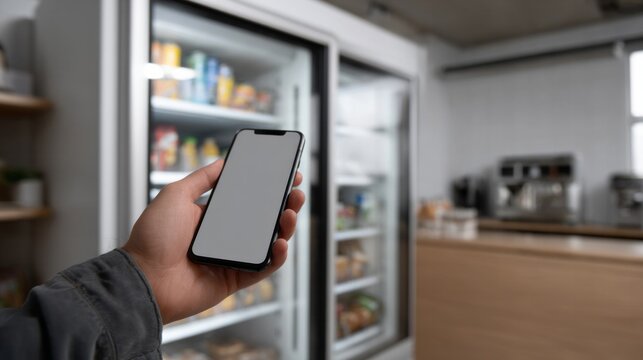 A hand clutches a sleek smartphone near an enigmatic fridge, echoing Cyber Monday's digital frenzy and Pi Approximation Day musings