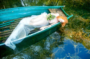 woman, redhead, seductive, boat, sensual, beautiful, flowers, reeds, lake, longing, young, sexy,...
