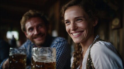 A jovial European couple enjoys hearty lagers under rustic tavern lights, evoking Oktoberfest merriment and celebratory Gemutlichkeit vibes
