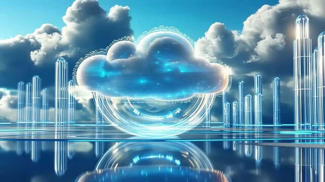 Futuristic digital cloud hovering above a reflective surface with skyscrapers in the background