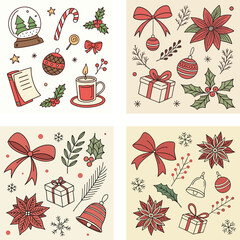 Vintage Hand-Drawn Christmas Icons and Festive Holiday Elements — Poinsettia, Ornaments & Seasonal Sketches