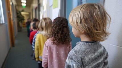 Children queued in vibrant sweaters, embodying trust and curiosity; Day of Innocence, multicultural preschool corridor whispers stories