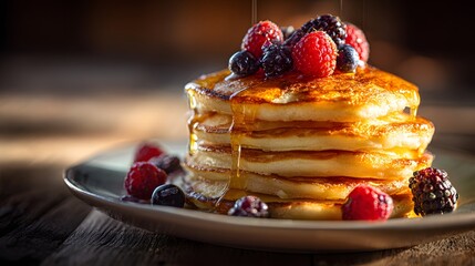 golden pancakes stacked high with maple syrup and berries