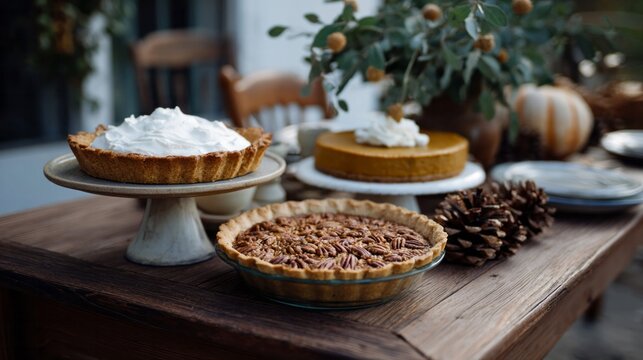 Autumnal pie medley, pecan symphony, whipped cream clouds, harvest tablescape embracing Thanksgiving and obscure Pecan Pie Day delights - Powered by Adobe