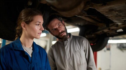 A focused Caucasian man and woman examine car underbody, resembling National Get to Know Your Customers Day curiosity