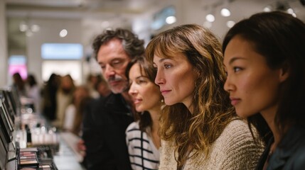 Fototapeta premium Inquisitive shoppers, diverse ethnicities absorbed in makeup magic, capturing essence of Self-Care Month and Retail Therapy Day