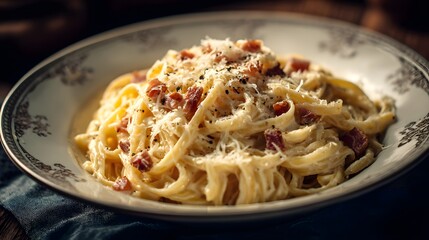 Italian pasta carbonara, creamy sauce and parmesan cheese