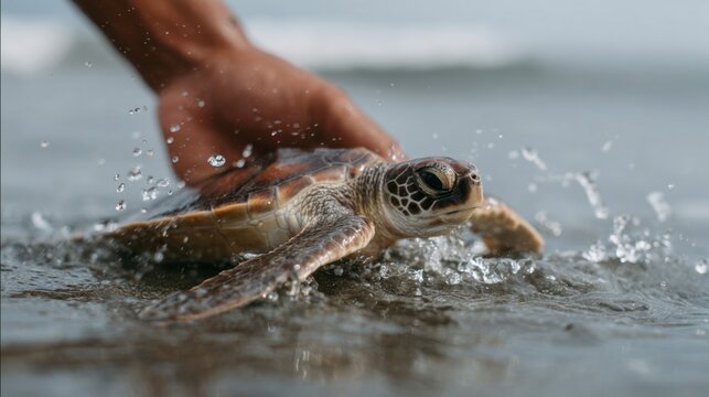 Gentle hand guides a baby sea turtle to ocean, symbolizing harmony and rebirth on World Turtle Day