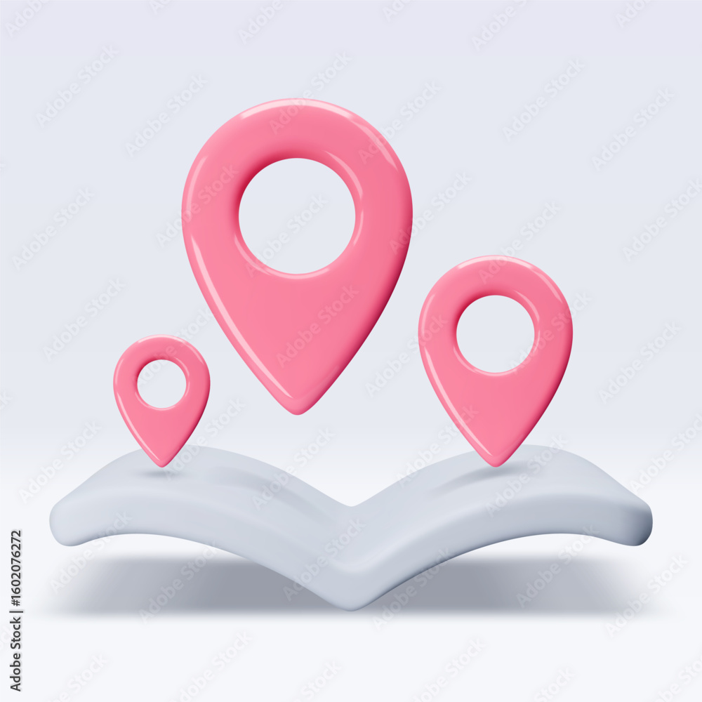 Poster red location pointers on book, map, placemark, markers of map, navigation pin sign. 3d gps icon. sig