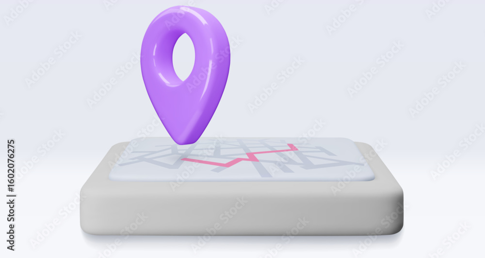 Fototapete purple location pointer on tablet, placemark, marker of map with red path, gps navigation pin sign. 