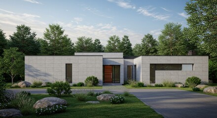 A modern minimalist house with a concrete facade surrounded by lush greenery and a blue sky