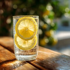 Natural Refreshment: Clear Water with Citrus Slices and Bubbles