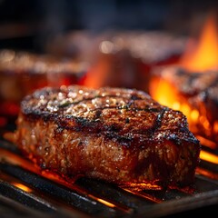 Perfectly Grilled Steak with Beautiful Sear Marks and Fire