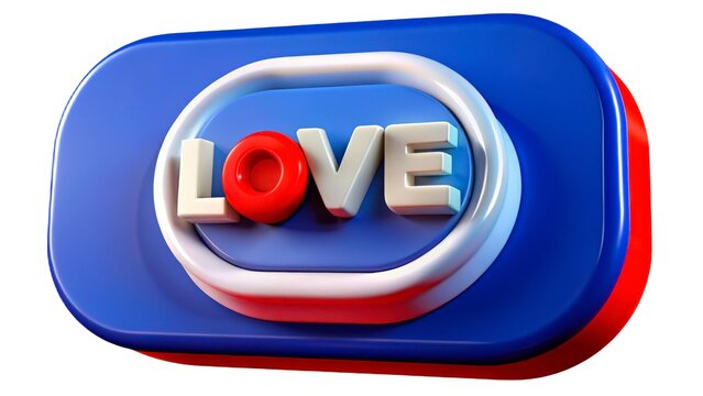 Colorful three-dimensional love symbol featuring bold lettering with red and blue accents against a bright background