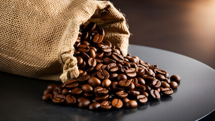 Burlap bag tipped over with aromatic coffee beans scattered on a moody dark surface