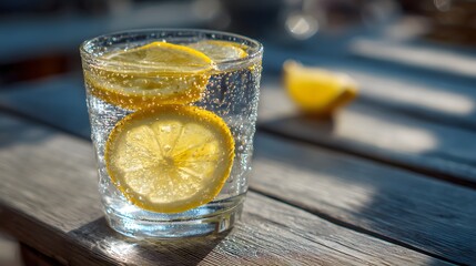 Refreshing Glass of Water with Lemon Slices and Condensation on Wood Table