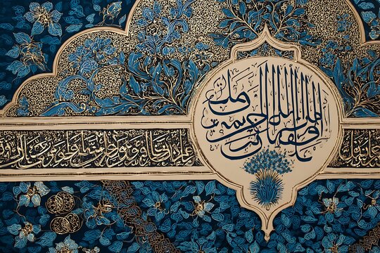 Naklejki Stunning Islamic art with intricate calligraphy and floral designs in vibrant blue and gold