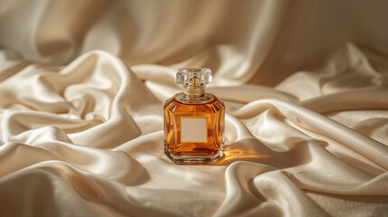 Front view: A luxurious perfume bottle is placed on a cream-colored cloth.