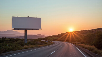 A deserted street scene with a large empty billboard under a blue sky at sunset.