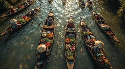 A very realistic aerial shot of a lively river with vendors selling vegetables and fruits on boats.