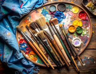 Fototapeta premium Artist's palette brimming with paint, surrounded by well-used brushes and a textured cloth.