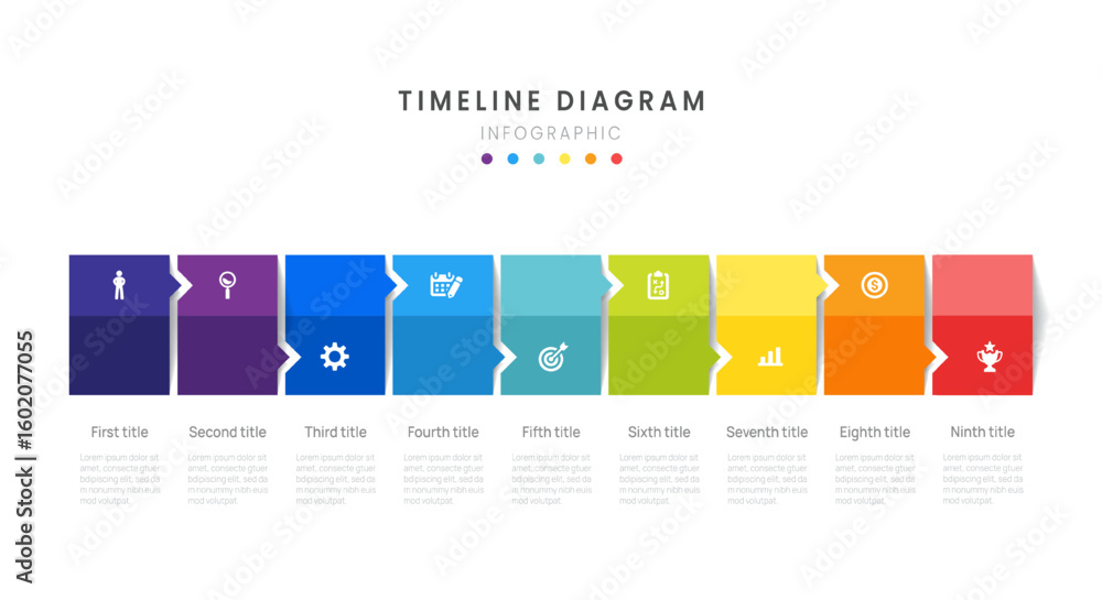 Wall mural timeline business infographic flow diagram template with 9 milestones elements, presentation.
