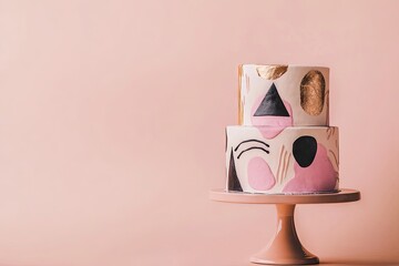 A two-tiered cake with an abstract design of pastel pinks, gold leaf, and black shapes sits on a blush-colored cake stand against a pale pink backdrop