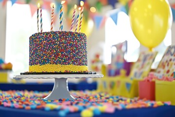 A colorful, sprinkle-covered birthday cake with lit candles sits on a white cake stand on a table scattered with sprinkles, surrounded by party decorations and a yellow balloon