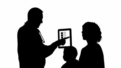 Silhouette of doctor showing medical report on tablet to mother and child during consultation visit