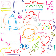 hand drawn potrait background colorful doodle vector set, love, Natural , star, cloud, weather, rainbow, flower, bubble, heart and creative design vector collection.