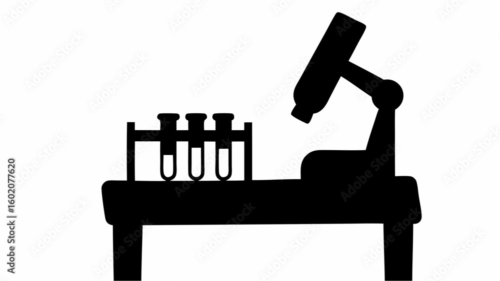 Poster silhouette of a microscope and test tubes on a table representing a scientific laboratory setting sc
