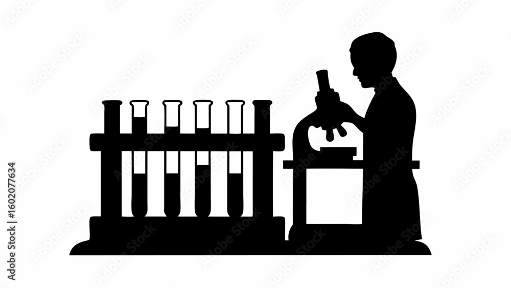 Poster silhouette of a scientist with test tubes and microscope in a laboratory setting conducting scientif