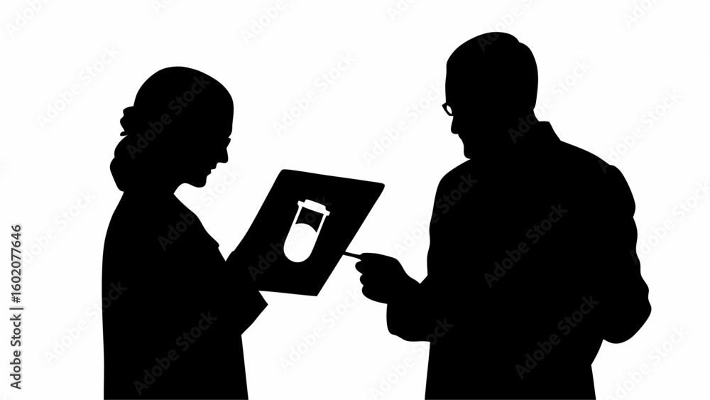 Poster silhouette of two scientists reviewing a lab result on a tablet with a test tube graphic displayed o