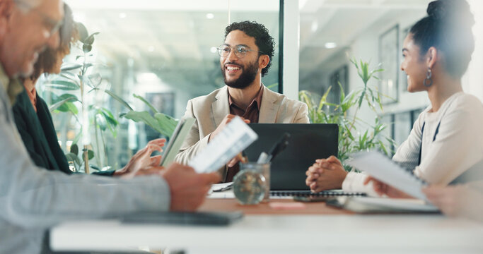 Businessman, team and laptop in office for meeting, budget review or documents for information. Financial manager, tech and group in accounting agency for discussion, company update or smile for news - Powered by Adobe